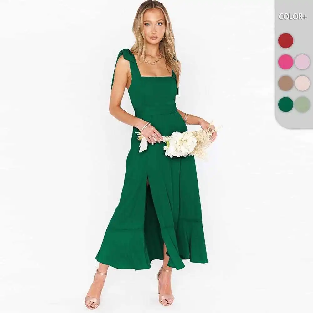 

Fashion Suspenders Dress Sexy Slit Bridesmaid Design Simple Solid Color Flounced Skirt Summer Women