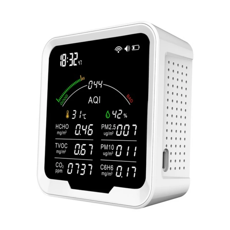 PTH-9BW TUYA WIFI Multi-Function Air Quality Monitor,Thermohygrometer, Clock Alarm PM2.5,PM10,HCHO,C6H6,CO2 Detector
PTH-9BW TUYA WIFI Multi-Function Air Quality Monitor,Thermohygrometer, Clock Alarm PM2.5,PM10,HCHO,C6H6,CO2 Detector