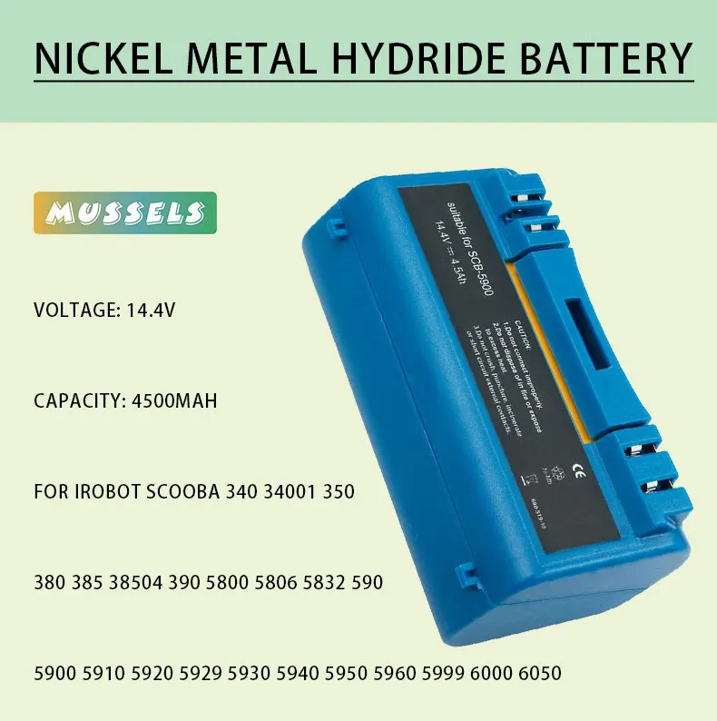 Replacement Rechargeable Battery for iRobot Scooba Vacuum 340 34001 350 380 385 390 5800 5900 6000 14.4V 4500mAh Nimh
Replacement Rechargeable Battery for iRobot Scooba Vacuum 340 34001 350 380 385 390 5800 5900 6000 14.4V 4500mAh Nimh