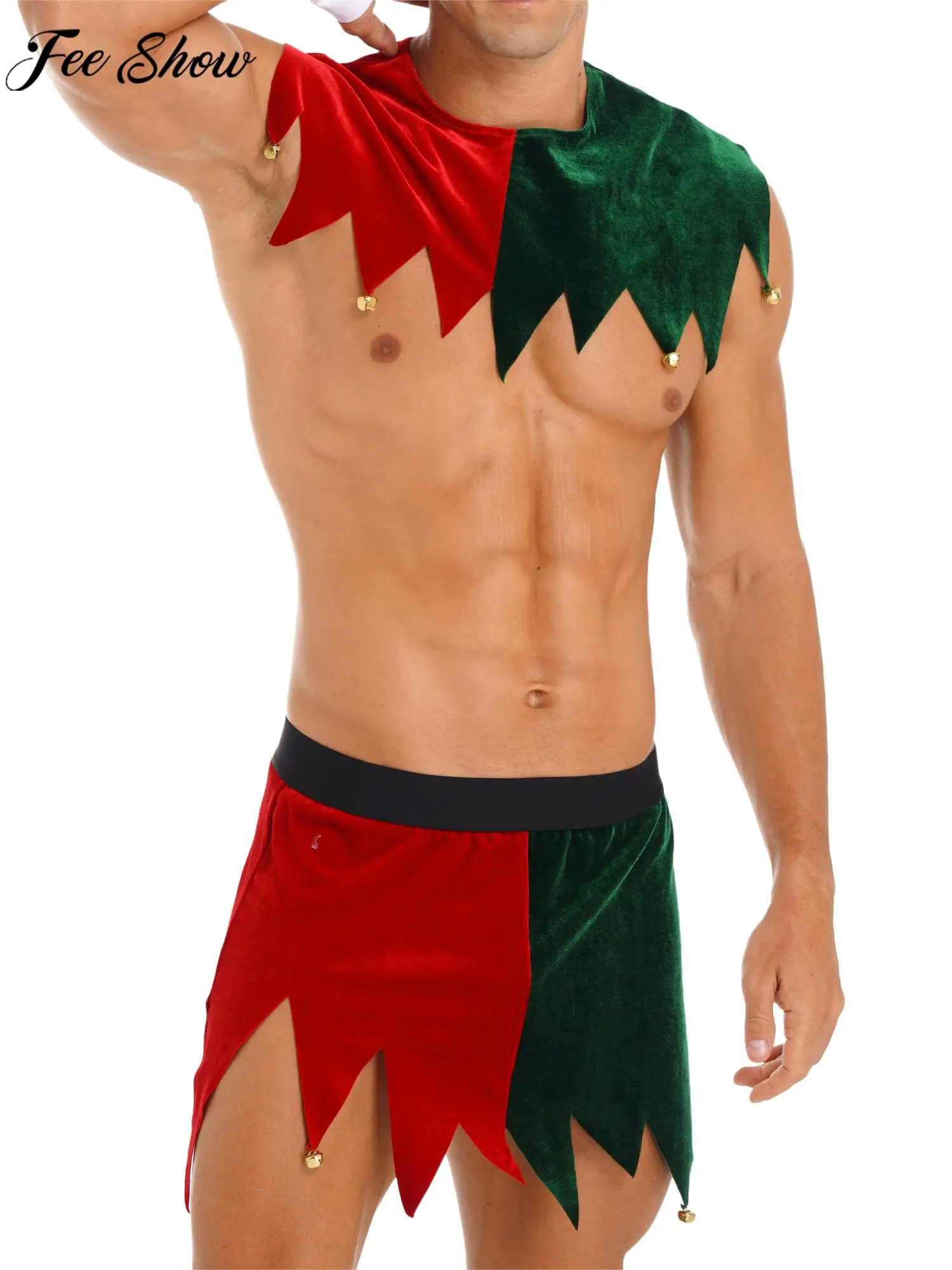 Mens Adult Christmas Elf Outfit Color Block Bells Crop Top with Mini Skirt Halloween Xmas Theme Party Cosplay Stage Show Costume
Mens Adult Christmas Elf Outfit Color Block Bells Crop Top with Mini Skirt Halloween Xmas Theme Party Cosplay Stage Show Costume