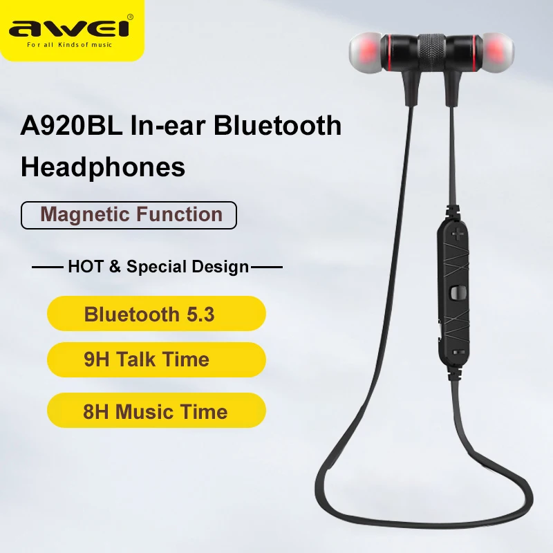 Awei A920BL Bluetooth Wireless Earphones Sport Earbuds HandsFree Headset Magnetic Function For Mobile Phones Free Shipping
Awei A920BL Bluetooth Wireless Earphones Sport Earbuds HandsFree Headset Magnetic Function For Mobile Phones Free Shipping