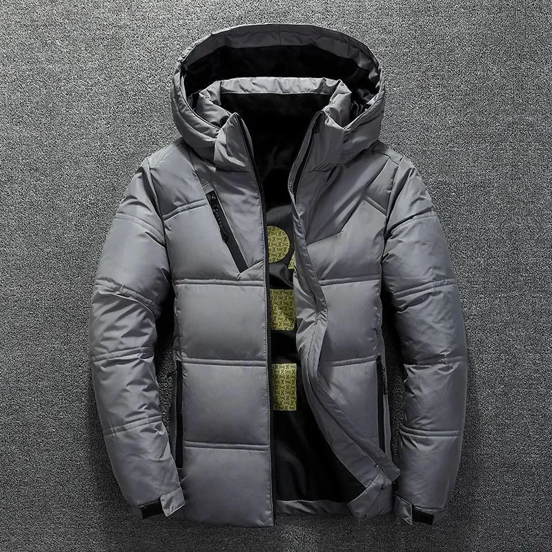 

Мужская зимняя куртка, однотонная теплая плотная ветрозащитная короткая куртка из 50% белого утиного пуха, корейская мода, уличная парка, мужской пуховик