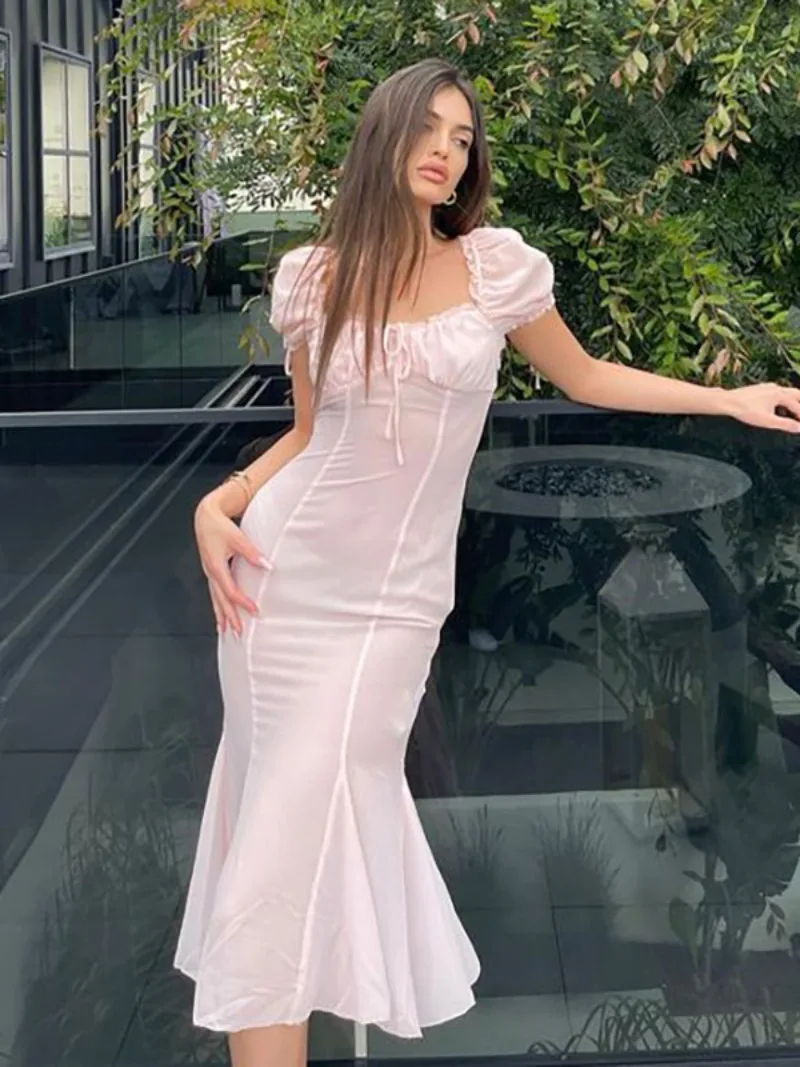 Fashion Sweet Women Short Sleeve Backless Mid-calf Pink Dress Ladies See-through Lace-up Chiffon Mesh Birthday Party Dresses
Fashion Sweet Women Short Sleeve Backless Mid-calf Pink Dress Ladies See-through Lace-up Chiffon Mesh Birthday Party Dresses