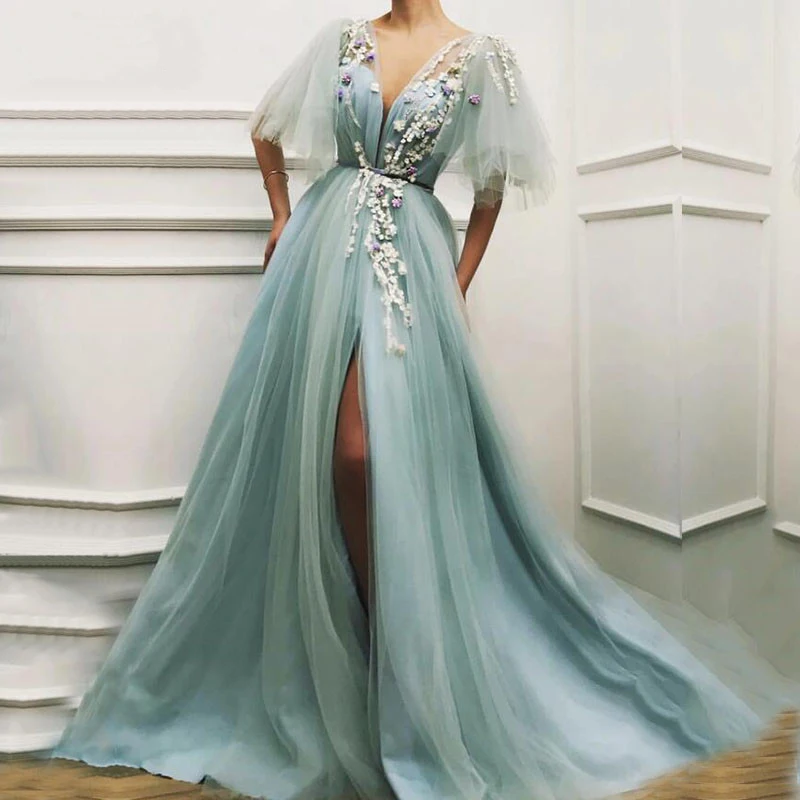 BridalAffair Light Green Fairy Prom Dress Appliques 3D Flowers Short Sleeves Tulle Evening Gown Side Split Celebrity Party Dress
BridalAffair Light Green Fairy Prom Dress Appliques 3D Flowers Short Sleeves Tulle Evening Gown Side Split Celebrity Party Dress