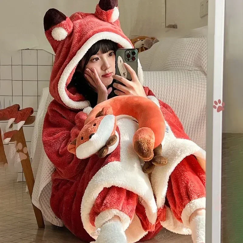 Wear Robes Nightgown Ladies Winter Night Foxs Women Robe Cloak Cartoon Pajamas Women's Gown Fleece Coral Nightgown+pants
Wear Robes Nightgown Ladies Winter Night Foxs Women Robe Cloak Cartoon Pajamas Women's Gown Fleece Coral Nightgown+pants