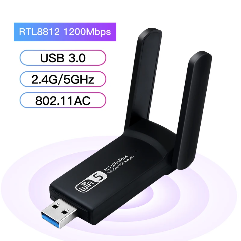 

USB WiFi Adapter 1200Mbps Dual Band 2.4G/5Ghz USB3.0 Wireless WIFI Lan Adapter Dongle 802.11ac RTL8812BU With Antenna For Laptop