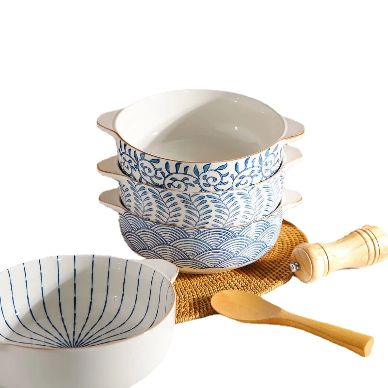 

Керамическая тарелка в японском стиле с двойными ручками, Салатница и большая миска для рамен, Высококачественная посуда для домашнего использования