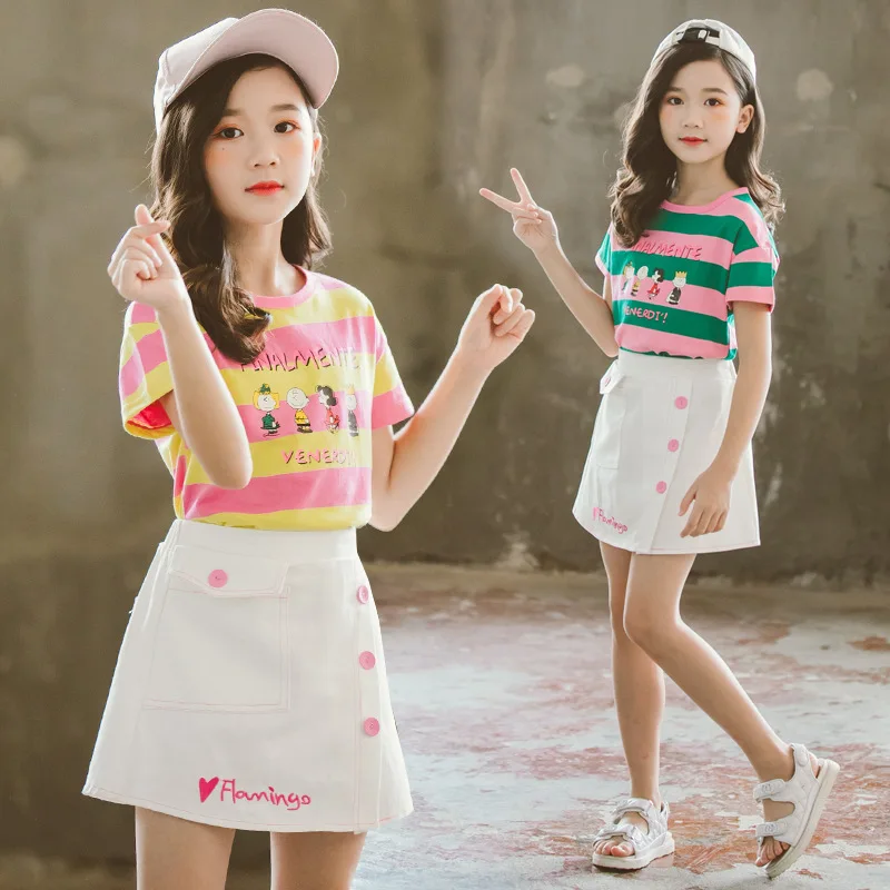 Children's Clothing Girls Summer T Shirt+Short Skirt Sets Fashion Striped Kids Outfits 3-13 Year Short Sleeve Baby Girl Costume 
Children's Clothing Girls Summer T Shirt+Short Skirt Sets Fashion Striped Kids Outfits 3-13 Year Short Sleeve Baby Girl Costume
