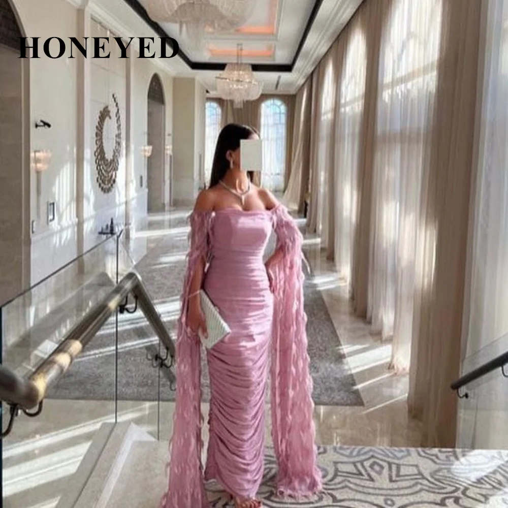 

HONEYED Modest Dusty Pink Chiffon Feather Formal Evening Dresses Sleeveless Strapless Dubai Arabic Women Night Club Prom Dress