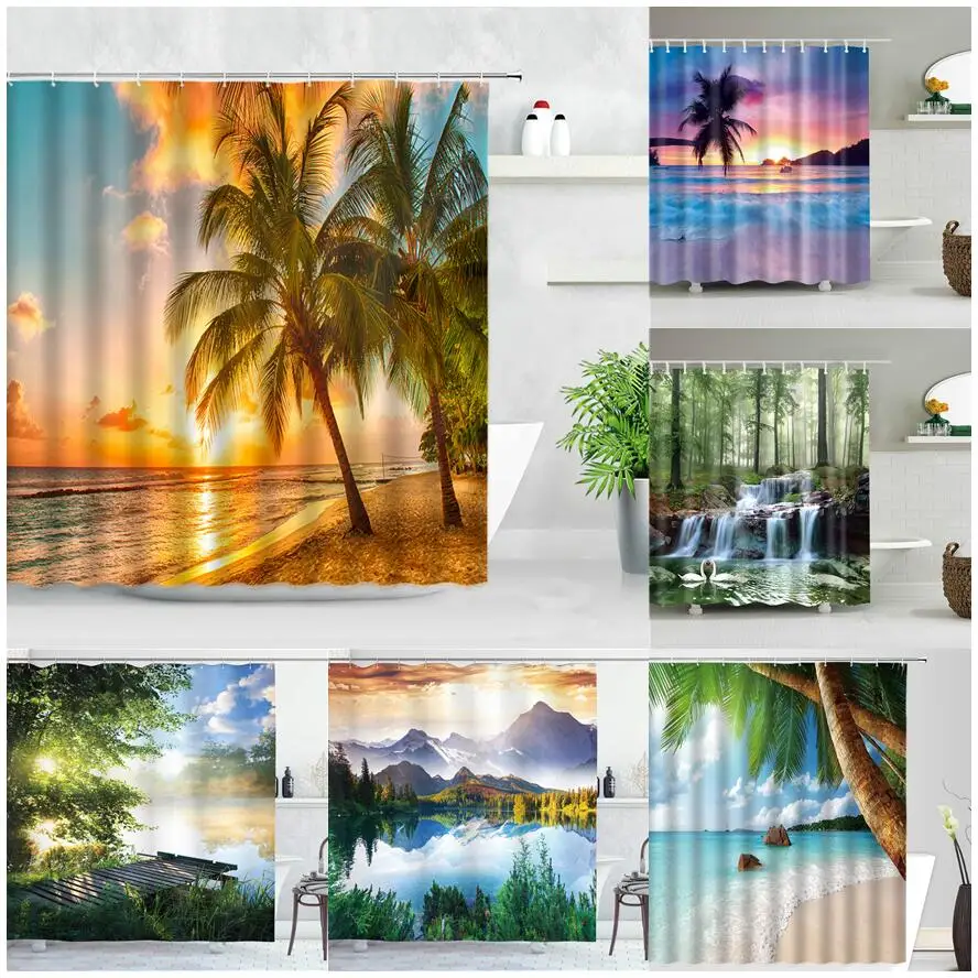 

Dusk Sunset Beach Shower Curtains Tropical Ocean Palm Tree Forest Waterfall Nature Scenery Cloth Home Decor Bathroom Curtain Set