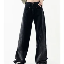 Womens Vintage Style Black Thick Jeans High Waist Autumn Winter Streetwear Wide Leg Pants Female Straight Denim Trousers