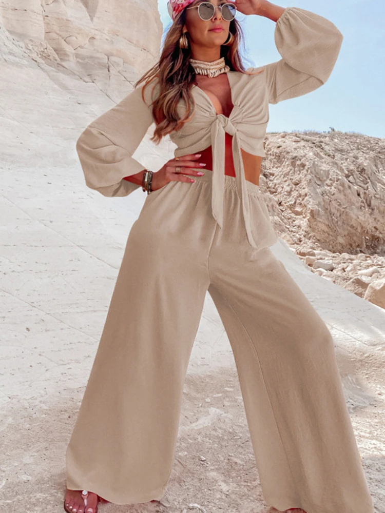 Elegant Pants Sets Women Outfits Long Sleeve Crop Top Wide Leg Trousers Lace Up 2023 Spring Autumu Fashion Clothes 2 Pieces
Elegant Pants Sets Women Outfits Long Sleeve Crop Top Wide Leg Trousers Lace Up 2023 Spring Autumu Fashion Clothes 2 Pieces