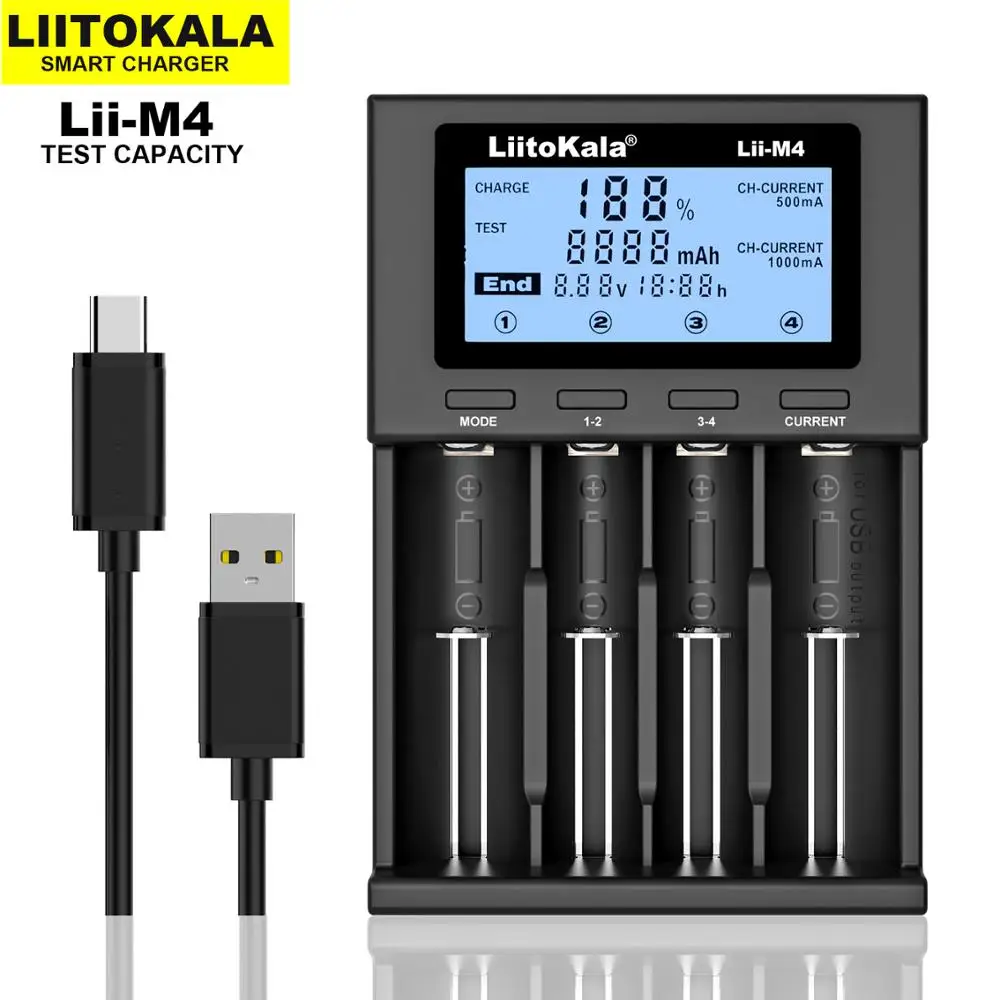 

Зарядное устройство LiitoKala Lii-M4 18650, умная зарядка с ЖК-дисплеем для батарей 18650, 21700, 26650, 18500, AA, AAA, может проверять Емкость