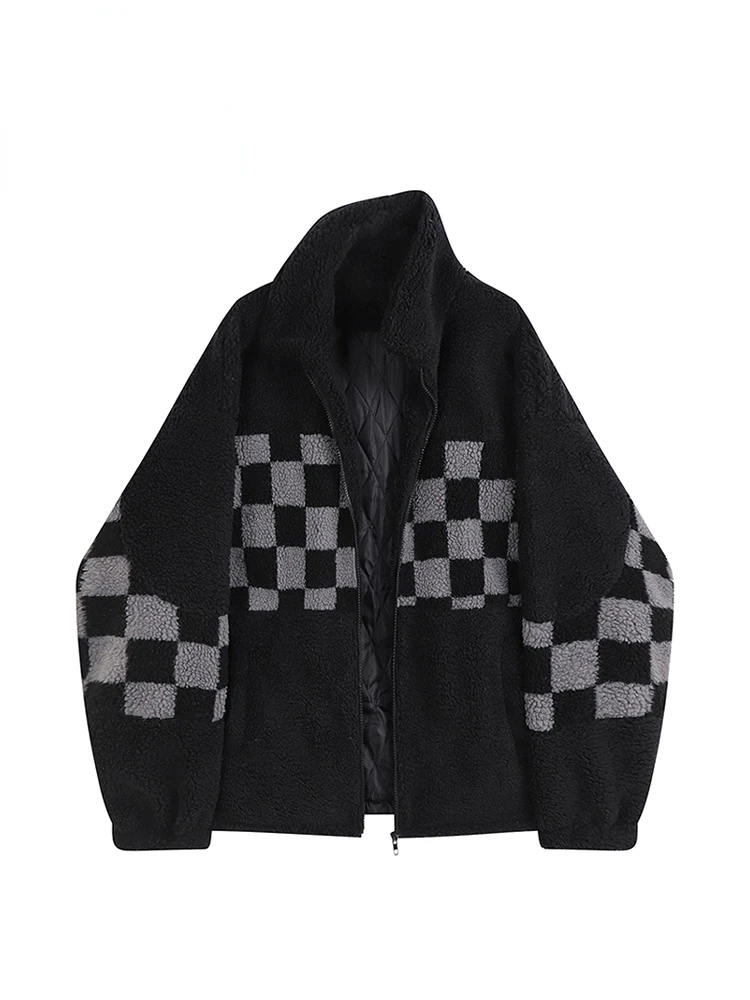 Женская клетчатая утепленная куртка в стиле пэчворк из овечьей шерсти, повседневные топы, теплая одежда большого размера в готическом стил...