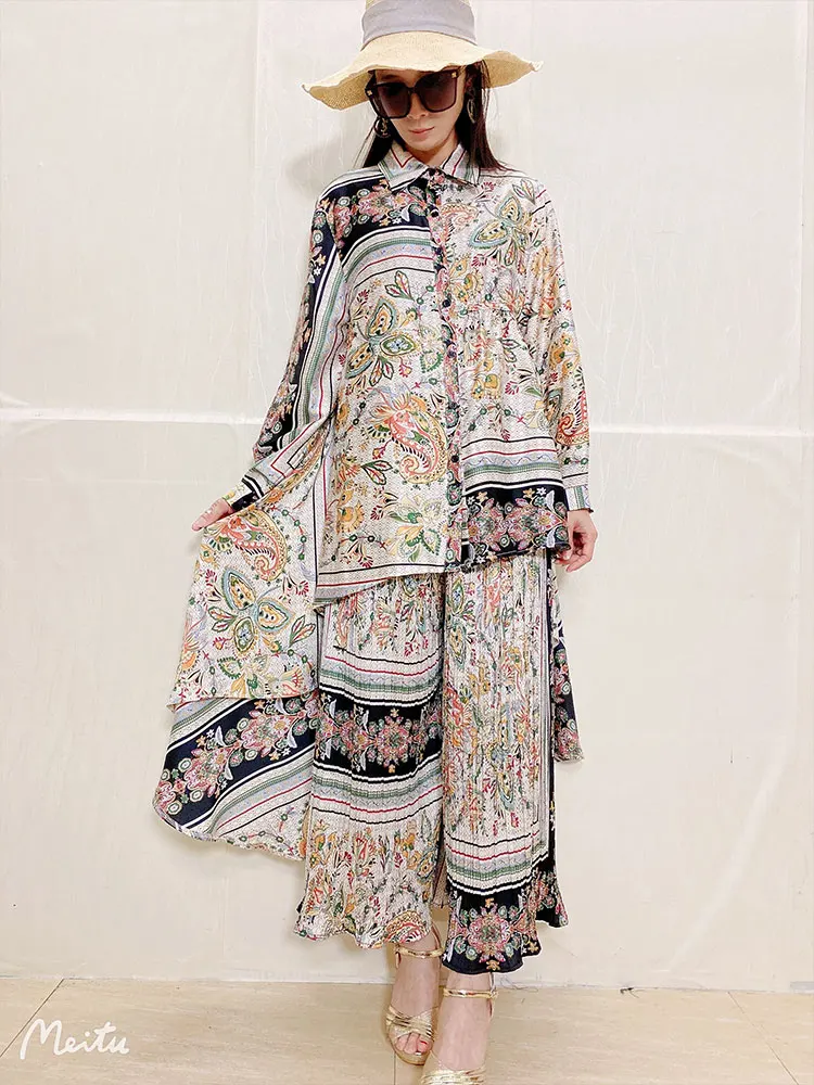 Vintage printed lapel single breasted loose irregular shirt two-piece set new + draped wide-leg pants fashion suit
Vintage printed lapel single breasted loose irregular shirt two-piece set new + draped wide-leg pants fashion suit