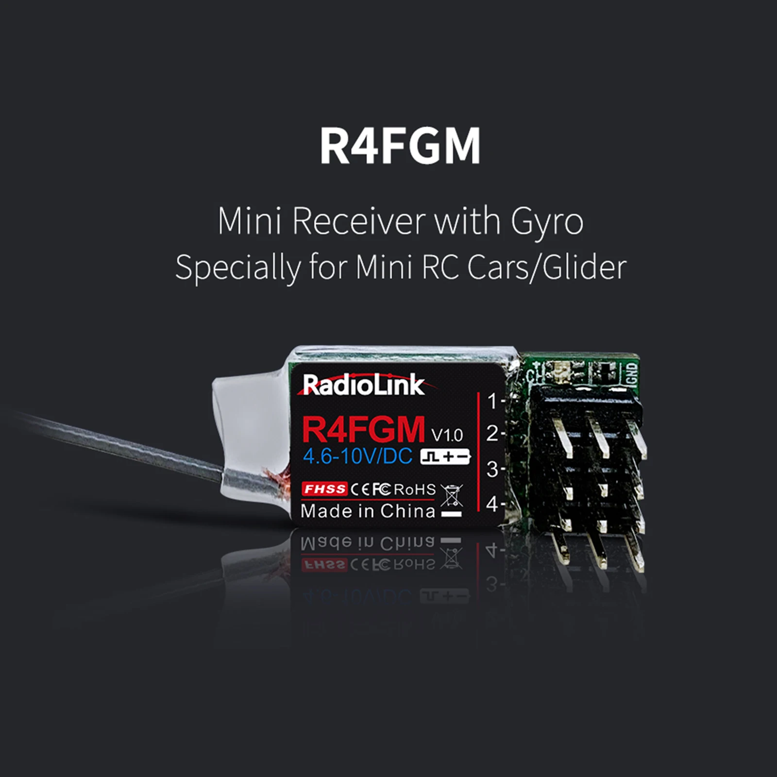 

R4FGM 4 Channels 2.4GHz PWM Output Mini Receiver with Gyroscope for 1/28 1/64 RC Drift Car RC4GS V2 / RC6GS V2 Radio