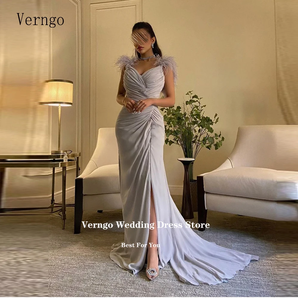 

Verngo Elegant Dusty Purple Chiffon Mermaid Evening Dresses Feathers Abendkleider Party Dress Pleats Dubai Arabic Prom Gown