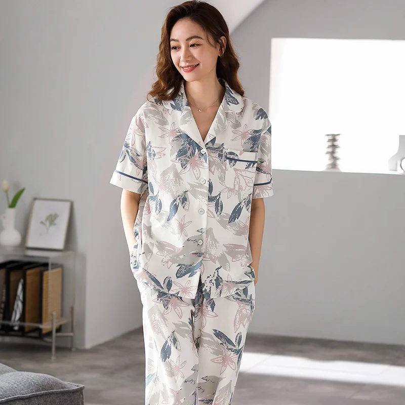 summer hawaiian style women's pajamas cotton short-sleeved long pants floral print pajamas home service ladies pajamas for women
summer hawaiian style women's pajamas cotton short-sleeved long pants floral print pajamas home service ladies pajamas for women