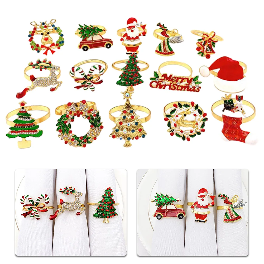 

1pcs 2024 Christmas Napkin Rings Bell Reindeer Xmas Tree Alloy Napkin Holder Rings For New Year Kitchen Dinner Table Decoration