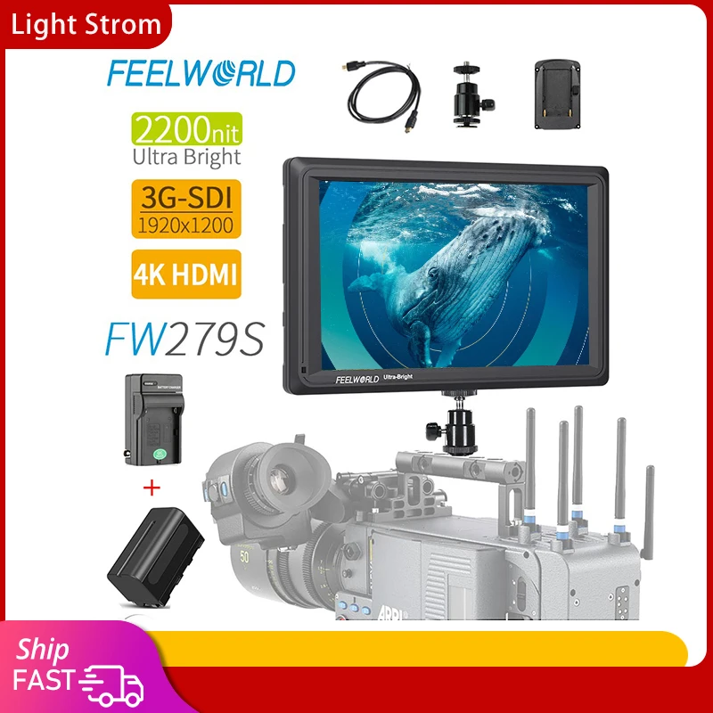 

FEELWORLD FW279S 7 Inch 2200nit Daylight Viewable 3G-SDI HDMI on Camera DSLR Field Monitor 4K HDMI 1920X1200 + Battery Charger