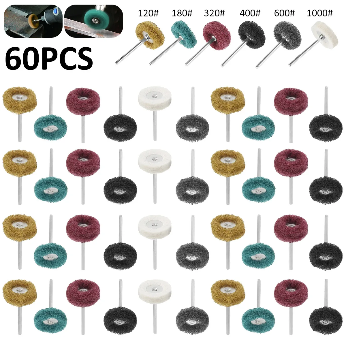 60/40pcs Mini Drill Abrasive Brush Nylon Buffing Polishing Wheel with 3mm Shank for Dremel Rotary Tool Accessories Set Grit 120
60/40pcs Mini Drill Abrasive Brush Nylon Buffing Polishing Wheel with 3mm Shank for Dremel Rotary Tool Accessories Set Grit 120