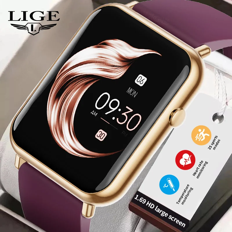 

LIGE 1.69 inch New Smart Watch Women Custom Watch Face Thermometer Blood Oxygen Monitor Sports Waterproof Female Smartwatch 2023