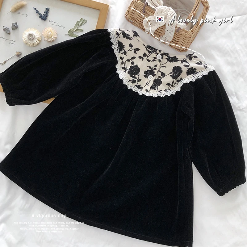 

Korean Children's Clothing 2023 Cpring Black And Brown Vintage Elegant One-piece Lace Long Sleeve Soft Dresses For Kids Girls