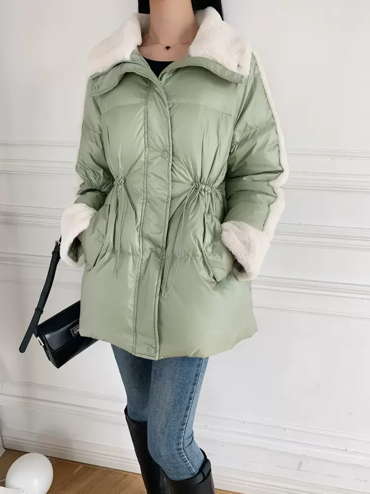 

FTLZZ зимнее женское толстое теплое пальто на утином пуху с завязками Повседневная Свободная куртка из овечьей шерсти с отложным воротником