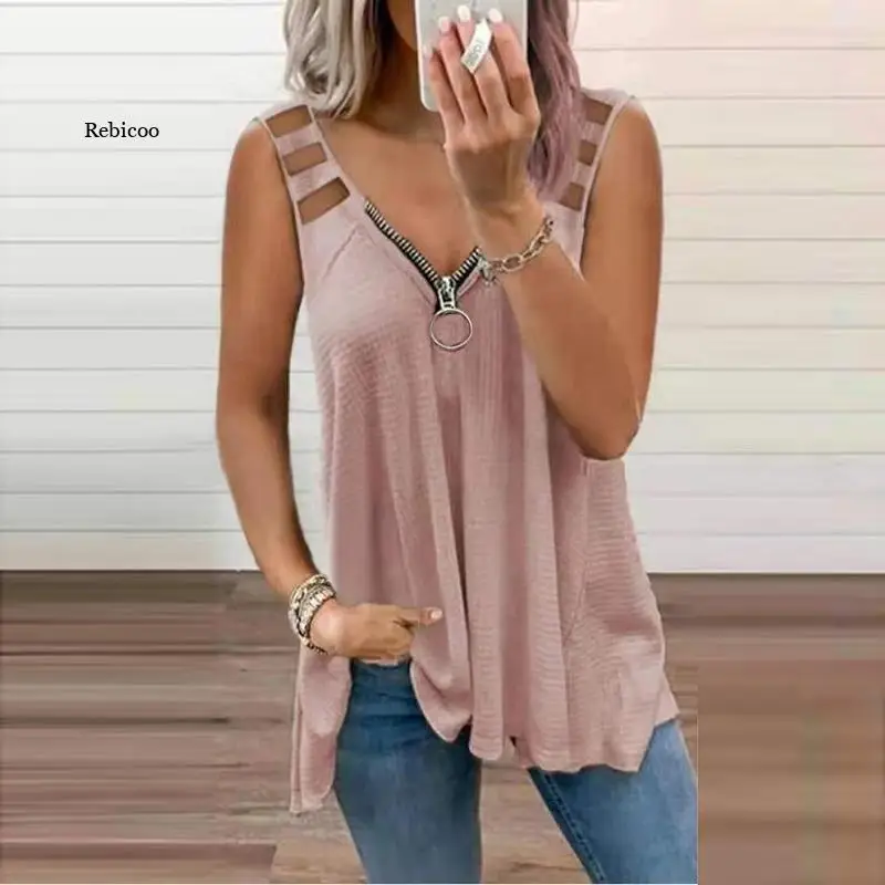 Women Sexy Hollow-Out Lady Fashion Tops Casual Clothes Sleeveless V-neck Loose Tshirts Zipper T-Shirt Tunic 2021
Women Sexy Hollow-Out Lady Fashion Tops Casual Clothes Sleeveless V-neck Loose Tshirts Zipper T-Shirt Tunic 2021