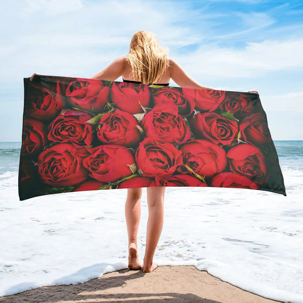 

Пляжное полотенце из микрофибры с красными розами и цветами, абсорбирующее банное полотенце для женщин и детей, мягкое быстросохнущее банн...