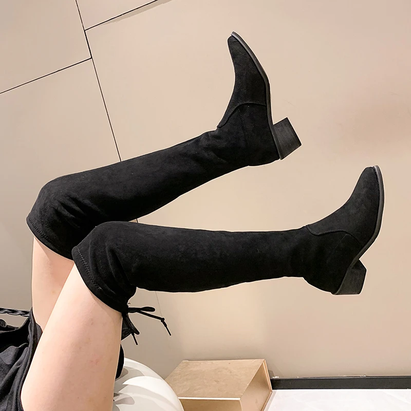 

Sexy Slim Fit Elastic Flock Over The Knee Boots Women Shoes 2022 Autumn Winter Ladies High Heel Overknee Long Thigh High Botas