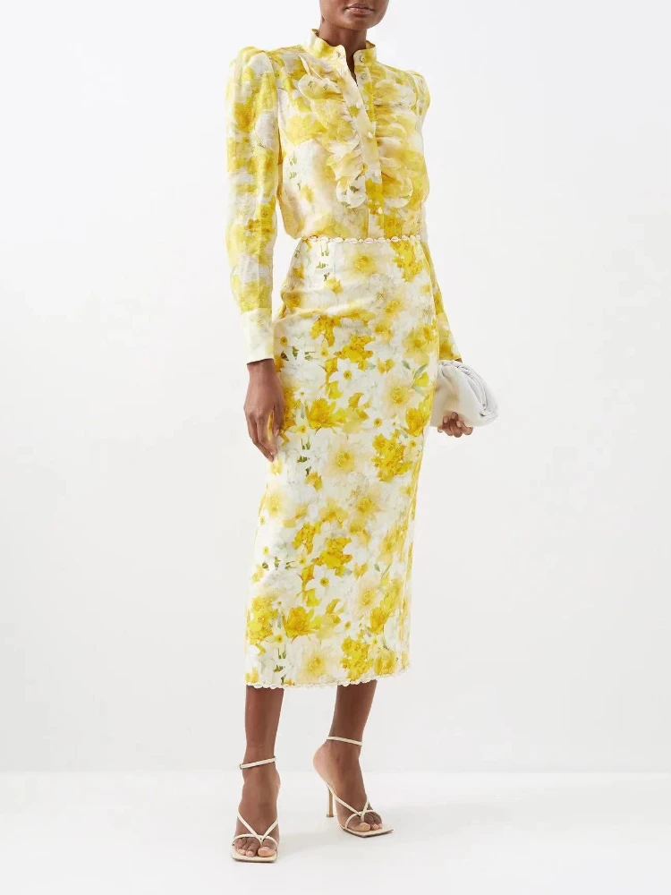 2023 Spring Summer Top Quality Linen Silk Yellow Floral Frill Ruffle Natural Shell Beading Midi Skirt Matching Set Women
2023 Spring Summer Top Quality Linen Silk Yellow Floral Frill Ruffle Natural Shell Beading Midi Skirt Matching Set Women