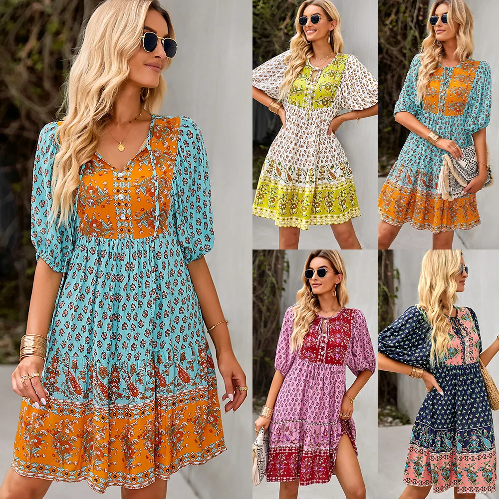 Women Dress Summer Vacation Casual Cozy V-Neck Print High Waist Knee-Length Bohemian Tie Neck Dress with Decorative Buttons
Women Dress Summer Vacation Casual Cozy V-Neck Print High Waist Knee-Length Bohemian Tie Neck Dress with Decorative Buttons