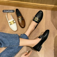 Cowhide Classic Style Black Metal Buckle Leather Flat Loafers Soft Women Shoes Driving Maternity Shoes Pumps Brown Walking