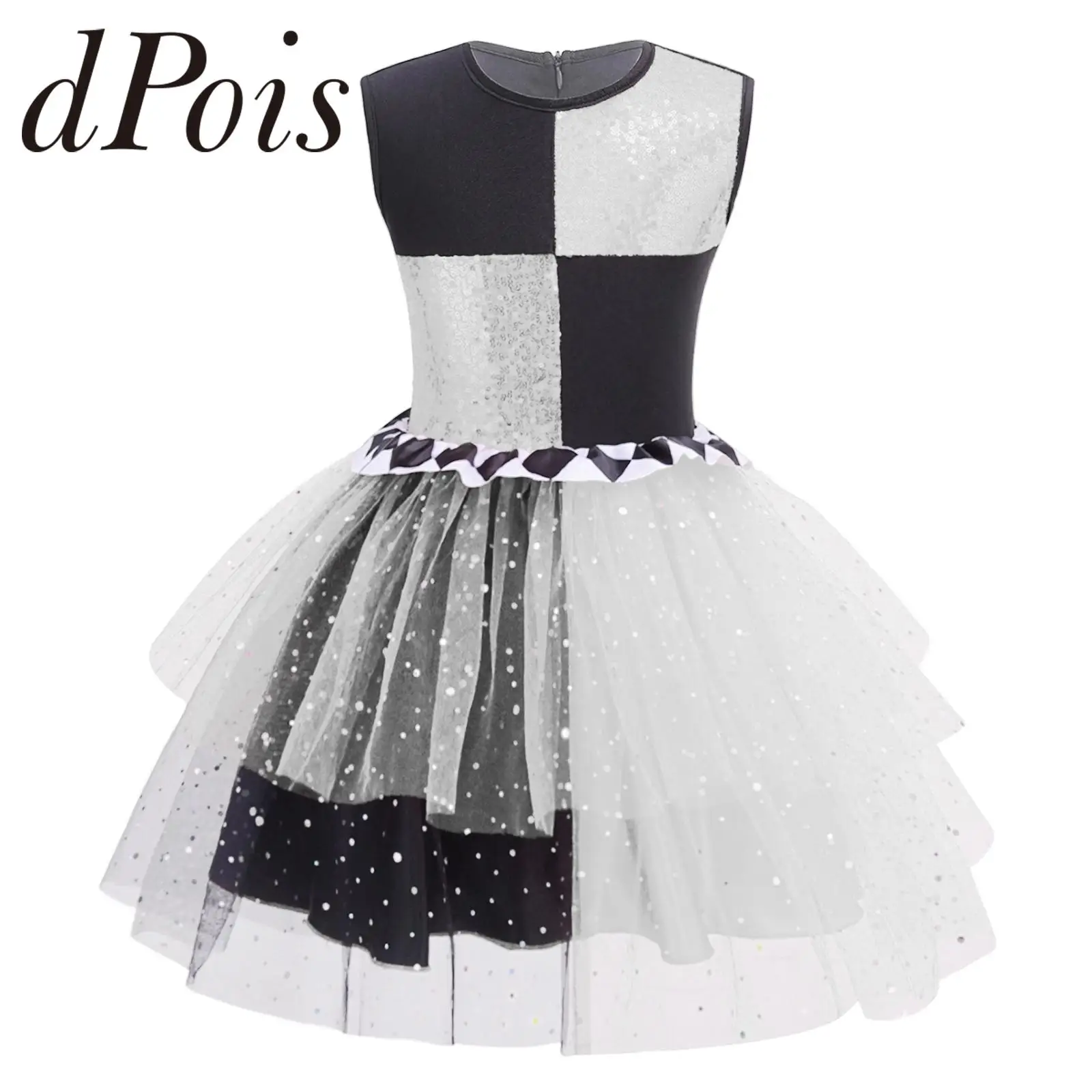 Ballet Tutu Kids Girls Clown Dress Up Costumes Gymnastics Leotard Sleeveless Black And White Grid Shiny Sequins Tulle Dress
Ballet Tutu Kids Girls Clown Dress Up Costumes Gymnastics Leotard Sleeveless Black And White Grid Shiny Sequins Tulle Dress