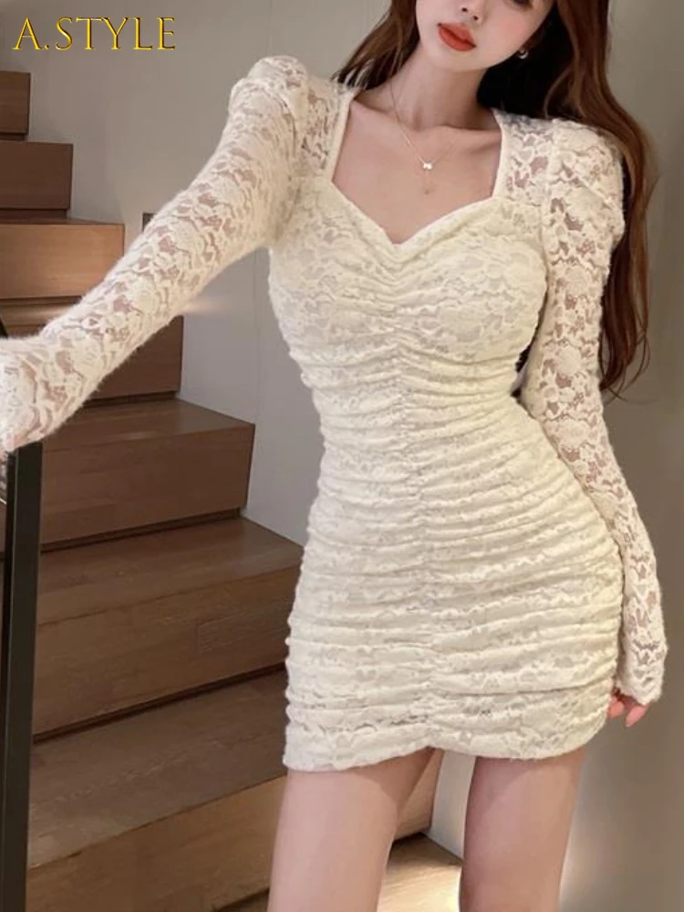 

2022 Spring Lace Sexy Short Party Dress Woman Elegant Bodycon Mini Dress Casual Long Sleeve One Piece Dress Korean Fashion Chic