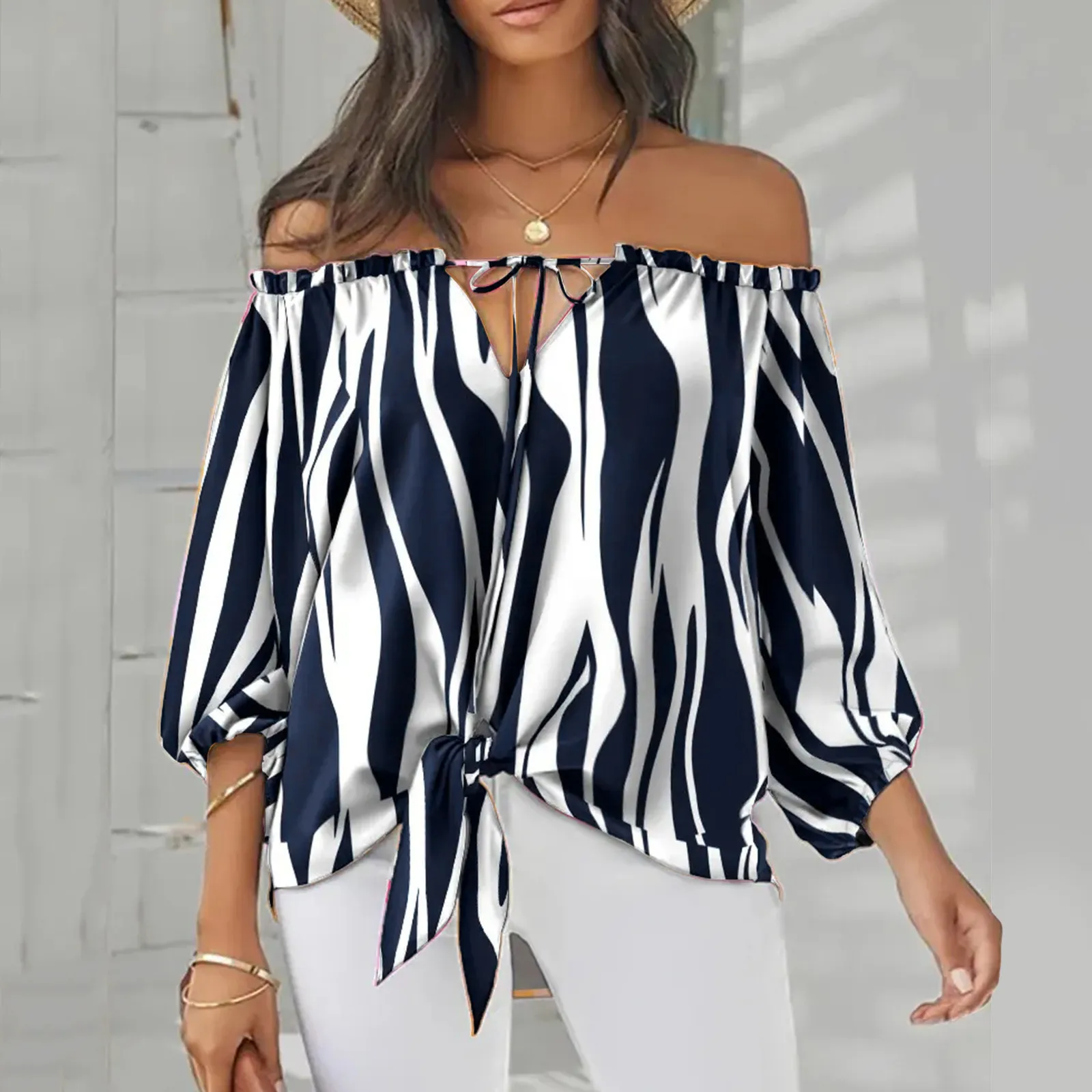 Fashion Lace Up Striped Blouse Women Elegant Shirt With Waistband Sexy Off Shouler Twill Bow Tie Tops Female Long Sleeve Blouses
Fashion Lace Up Striped Blouse Women Elegant Shirt With Waistband Sexy Off Shouler Twill Bow Tie Tops Female Long Sleeve Blouses