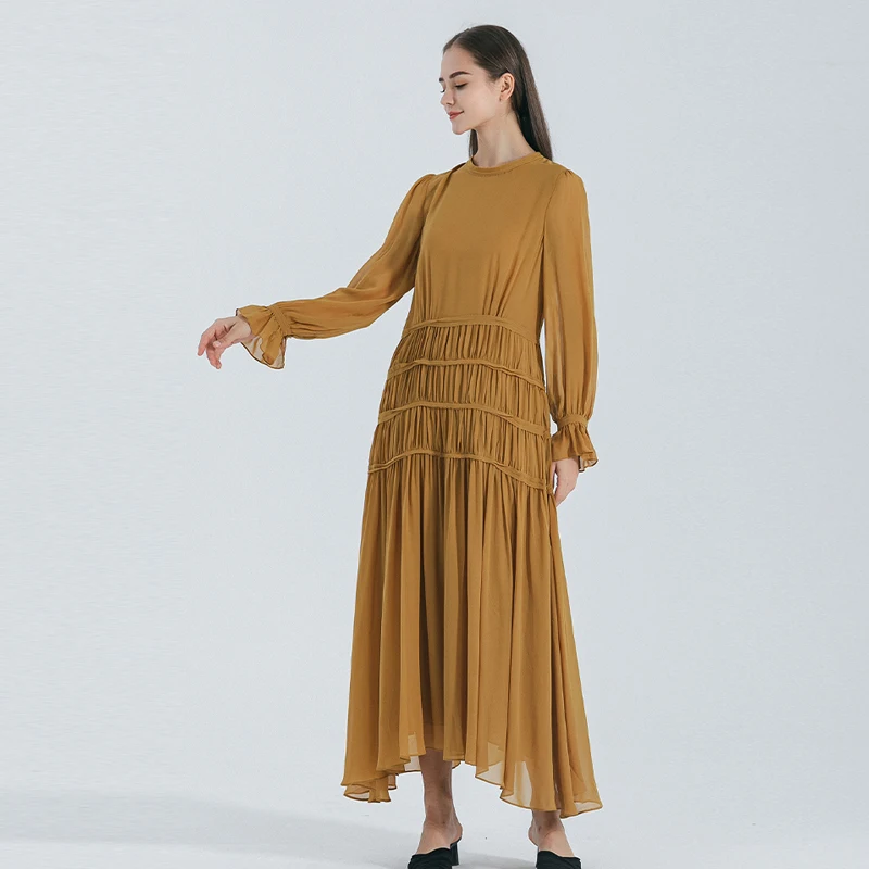 VOA Brown Double Layered Georgette Silk Stand Collar Dresses Flared Long Sleeve Nipped Waist Dropping Silk Cake Dress AE1691
VOA Brown Double Layered Georgette Silk Stand Collar Dresses Flared Long Sleeve Nipped Waist Dropping Silk Cake Dress AE1691