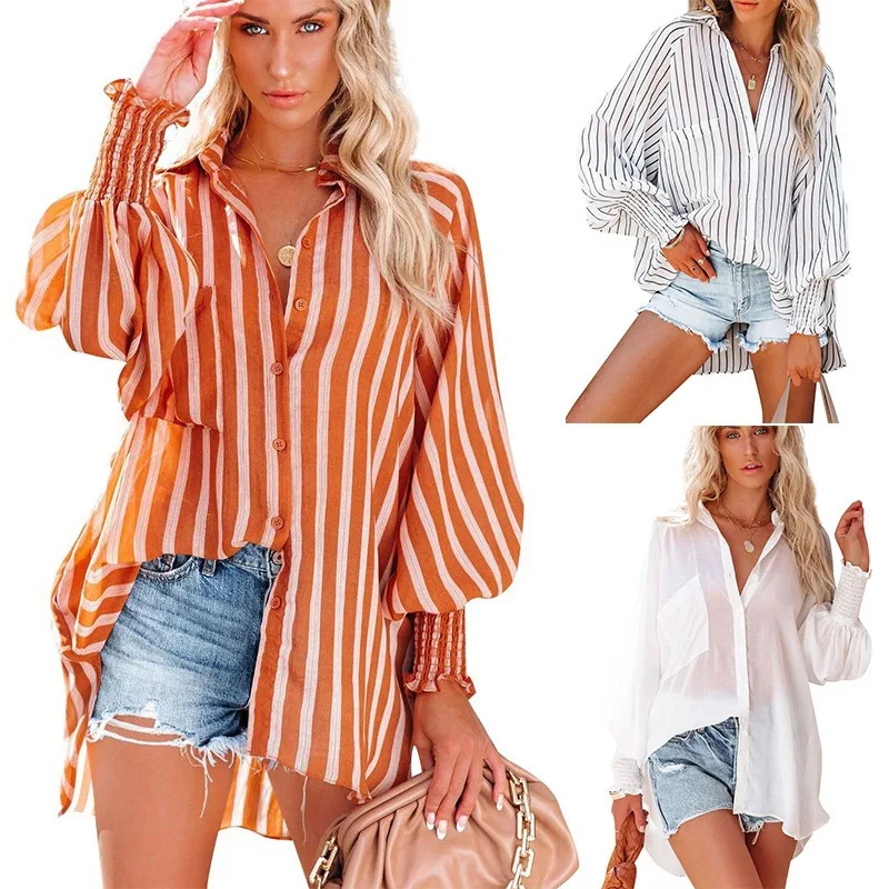 Women Spring Summer Lantern Sleeve Striped Shirt Lapel Buttons Pocket Loose Blouse Female Fashion Elegant Beach Bikini Cover Up
Women Spring Summer Lantern Sleeve Striped Shirt Lapel Buttons Pocket Loose Blouse Female Fashion Elegant Beach Bikini Cover Up