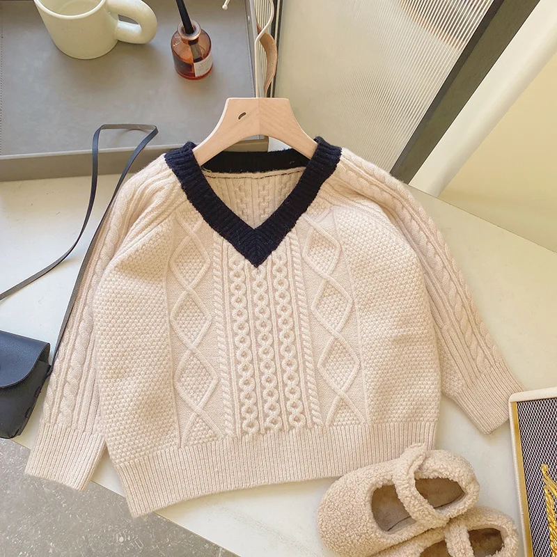 

Осень-зима 2023, свитер для маленьких девочек, вязаный пуловер с узором ромбиками и V-образным вырезом, топы, полосатый хлопковый плотный теплый свитер для девочек