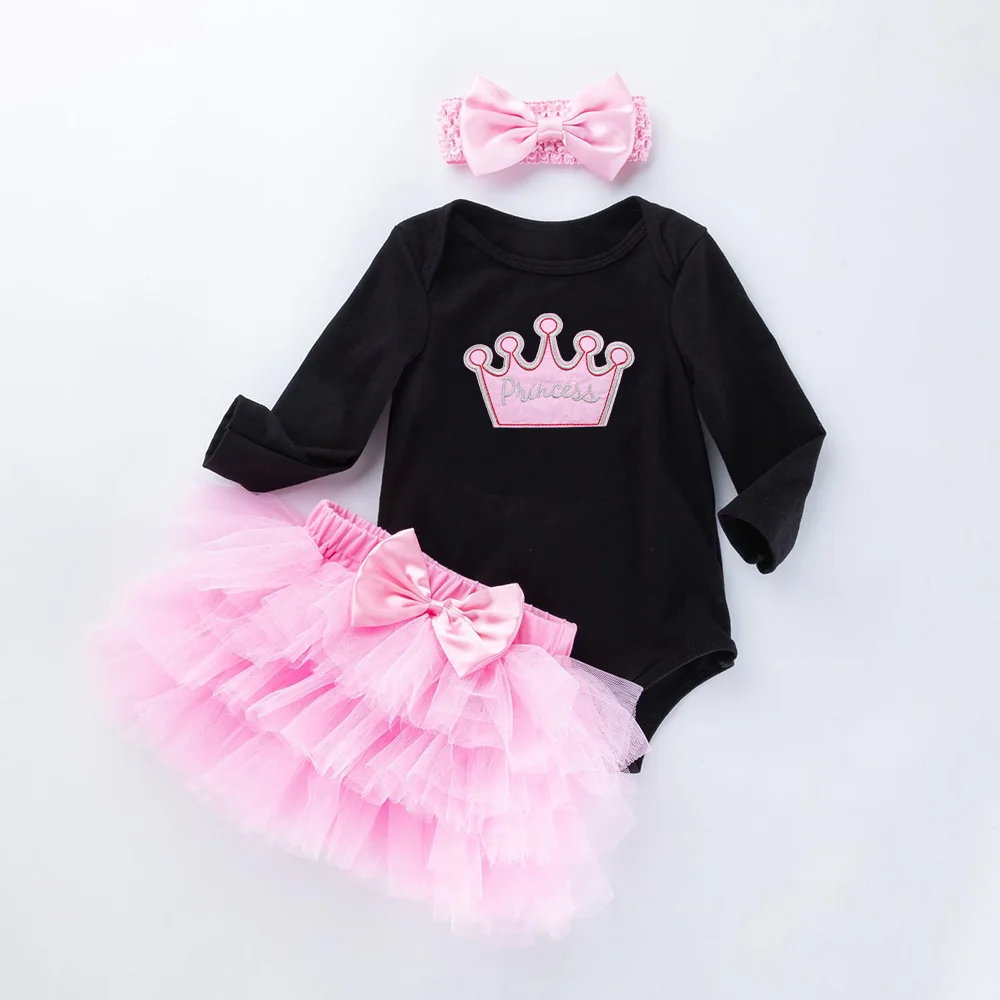

Newborn Baby Set Crown 1st Birthday Pettiskirt Outfits Infant Girl Clothing Black Bodysuit+Headband+Skirt 3pcs Baby Girls Suits