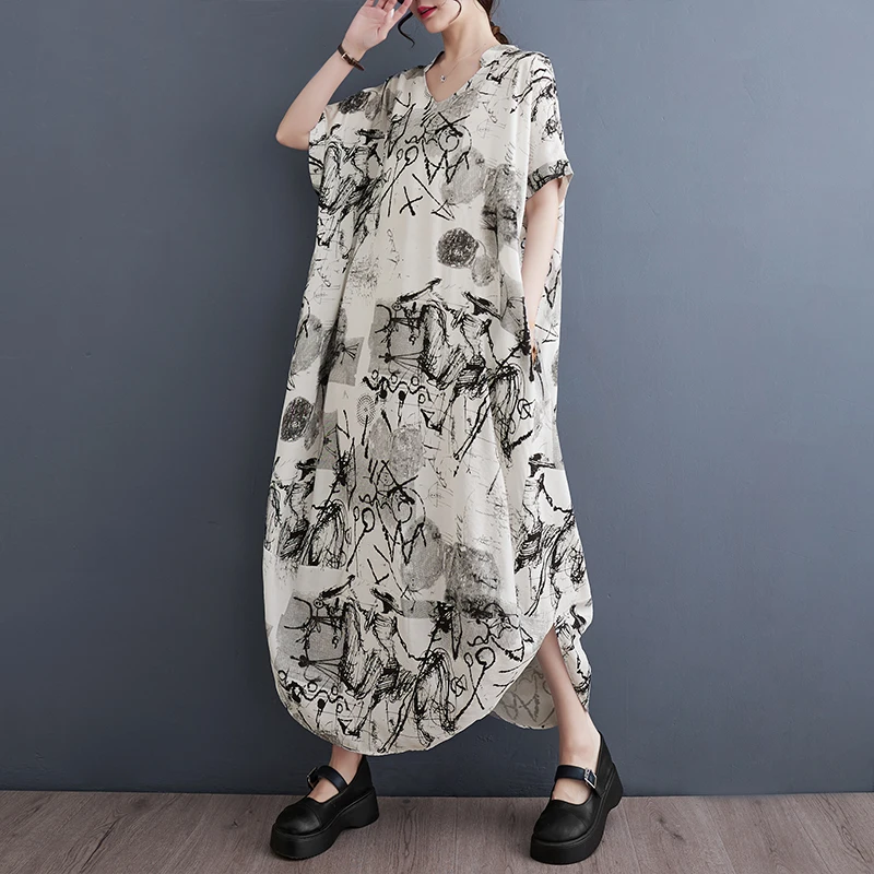 SuperAen Повседневное платье с коротким рукавом и принтом тушью, женское свободное платье 2023, Летнее Длинное Платье в новом стиле 
SuperAen Повседневное платье с коротким рукавом и принтом тушью, женское свободное платье 2023, Летнее Длинное Платье в новом стиле