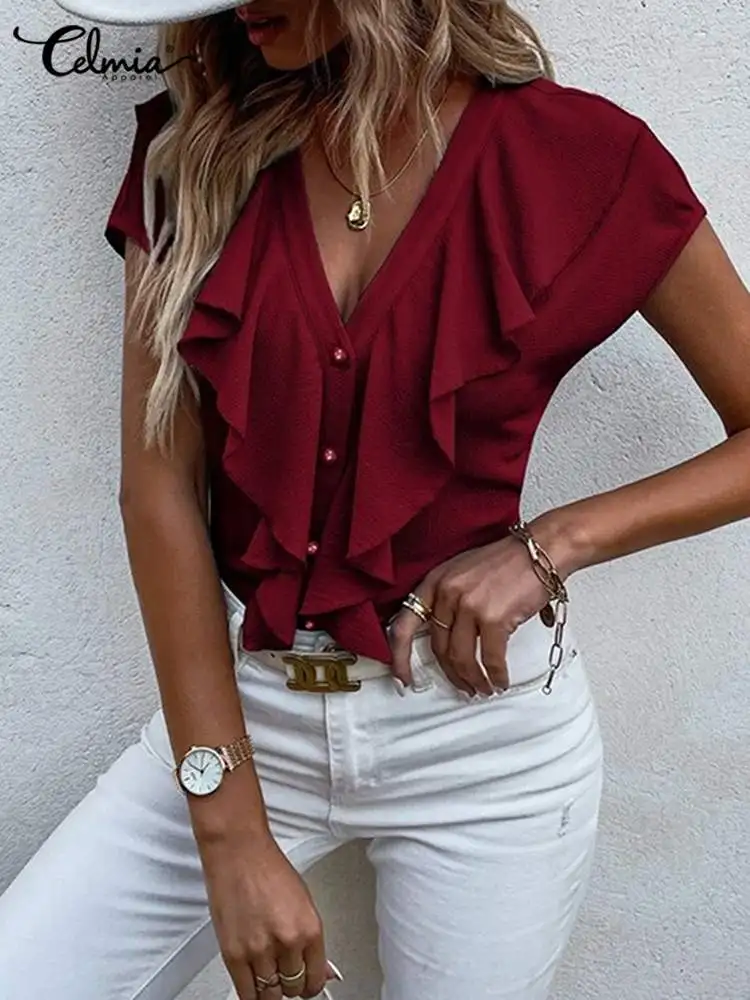 Летние рубашки Celmia с оборками, элегантные блузки с коротким рукавом, шикарные тонкие Блузы с V-образным вырезом, Женские однотонные модные т...
Летние рубашки Celmia с оборками, элегантные блузки с коротким рукавом, шикарные тонкие Блузы с V-образным вырезом, Женские однотонные модные т...