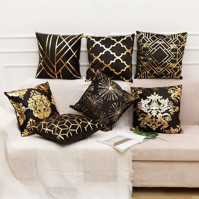 

Black Gold Pillow Gometric Cushion Wrap Hot Stamping Throw Pillows for Chairs Seat Pillowcase Decor Home Livingroom Decoration