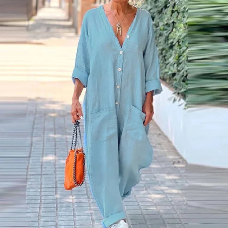 Spring Casual Solid Cotton Linen Jumpsuit Women Sexy V Neck Buttoned Women Romper Summer Wide Leg Pocket Pants Playsuit Overalls
Spring Casual Solid Cotton Linen Jumpsuit Women Sexy V Neck Buttoned Women Romper Summer Wide Leg Pocket Pants Playsuit Overalls