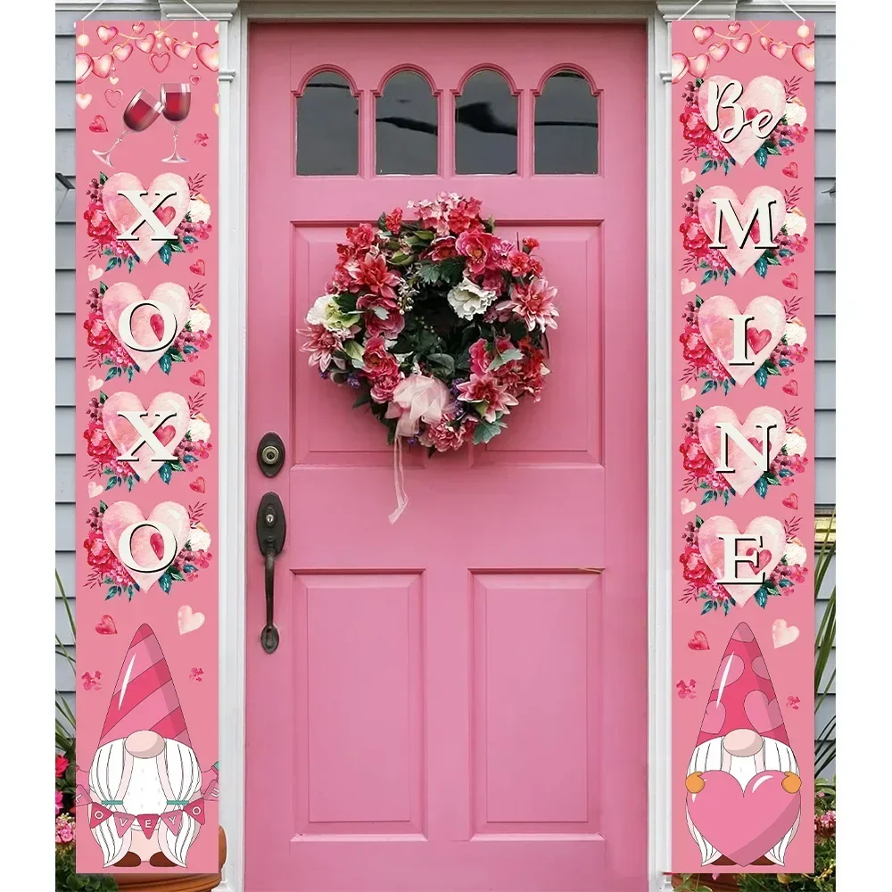 

2024 Valentine's Day Door Curtain Pink Dwarf XOXO BE MINE KISS ME Couplet Hanging Pendant Happy Valentine's Day Party Decor