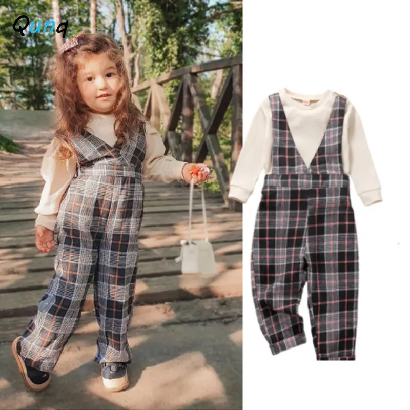 

Qunq 2023 Spring Autumn New Girls O Neck Long Sleeve Pullover Top + Check Suspenders 2 Pieces Set Casual Kids Clothes Age 3T-8T