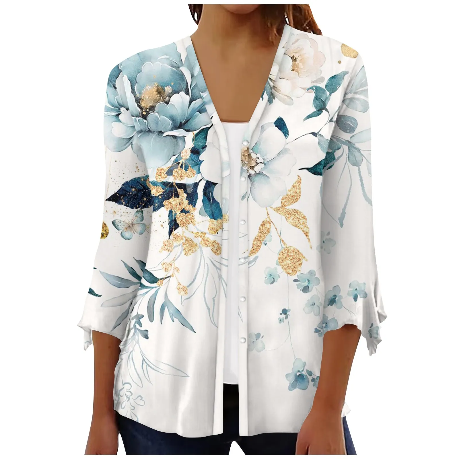 

Женская Повседневная рубашка на пуговицах с цветочным принтом и рукавом три четверти, кардиган, женская модная блузка, модель 2023 года