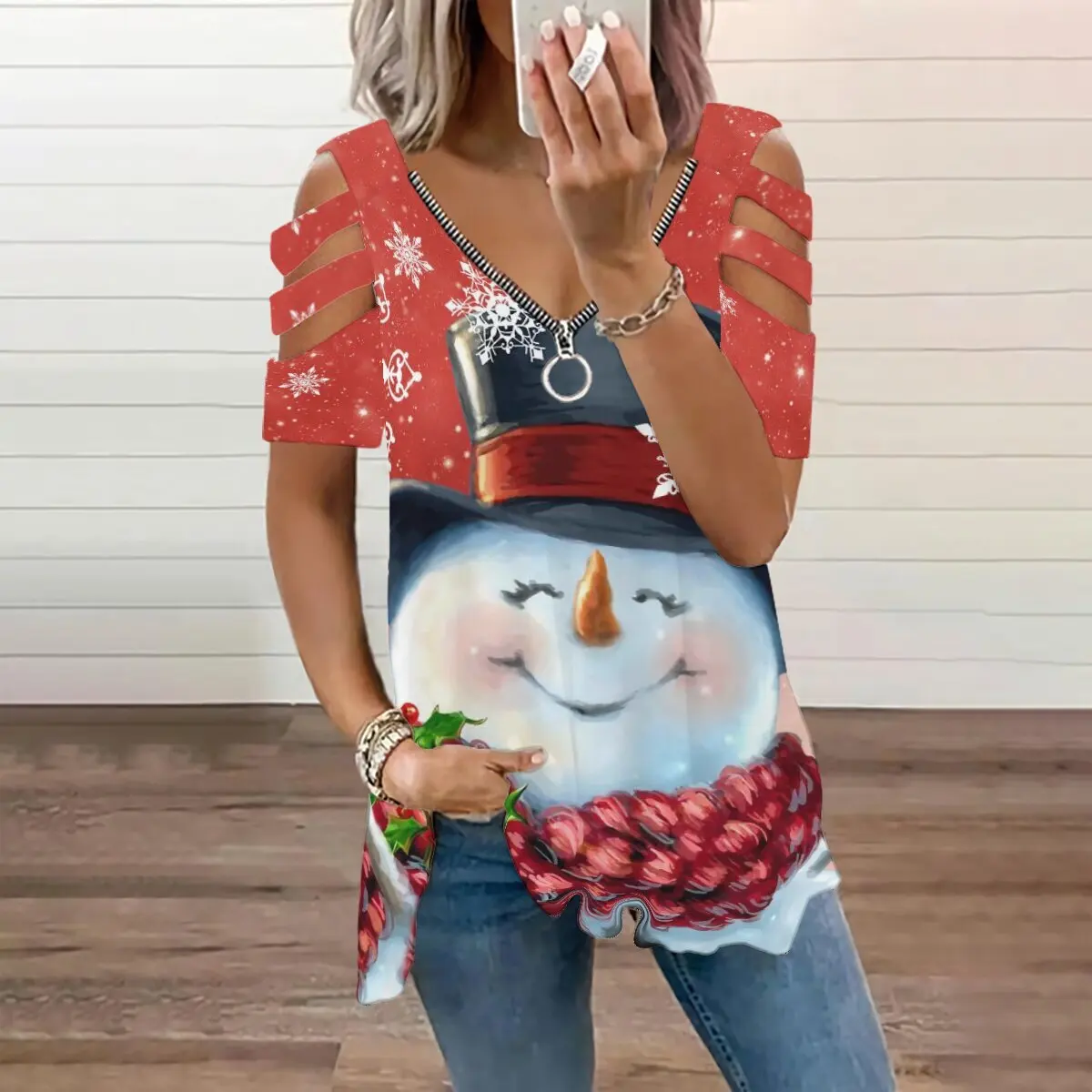 Snake Yx Women's Fall Christmas Snowman Print Casual Zip V-Neck Off Shoulder Short Sleeve Top Plus Size XXS-10XL 
Snake Yx Women's Fall Christmas Snowman Print Casual Zip V-Neck Off Shoulder Short Sleeve Top Plus Size XXS-10XL