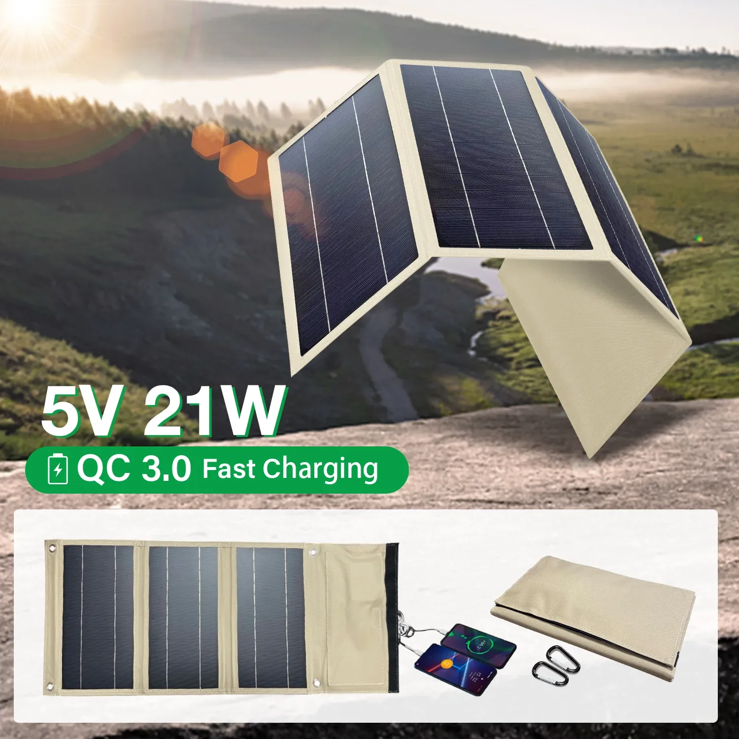 

Outdoor powerful Solar Panel 5v 21w Portable battery phone charge 2USB QC 3.0 9V 12V For notebook Power bank Oxygen camera fan